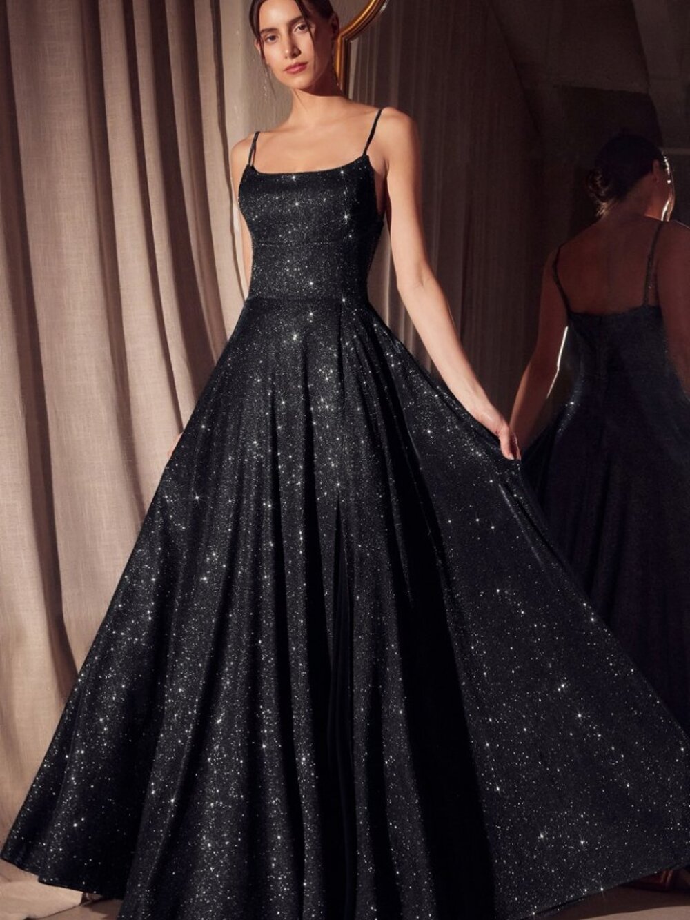 New A-Line Maxi Evening Glitter Dress w/ Leg Slit & Mid-Open Zip Back CD T213